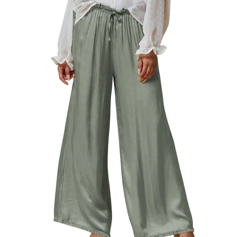 Scandal Italy Lola Silky Wide Leg Pants Sage Green Viscose Luxury Leisure Small